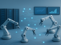 Robotic arms in a digital workspace with server racks and data visualization elements in the background
