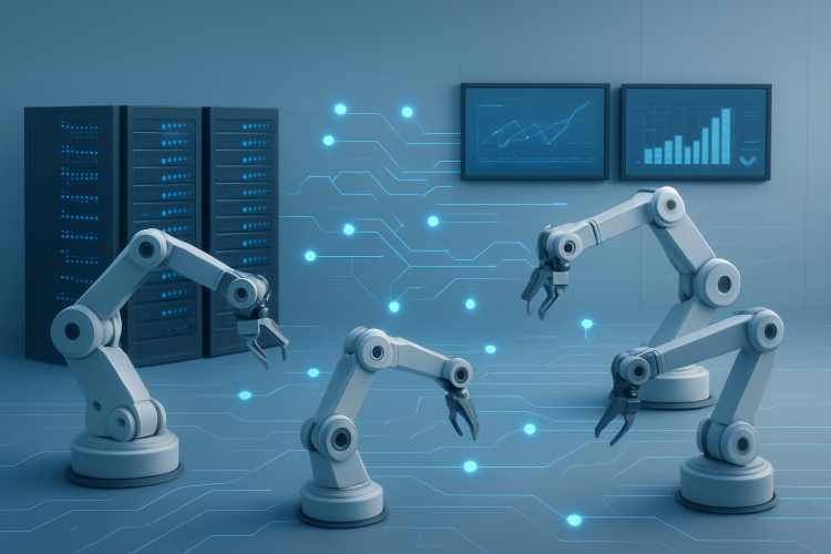 Robotic arms in a digital workspace with server racks and data visualization elements in the background