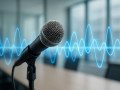 Close-up of a microphone with sound wave graphics in an office setting.