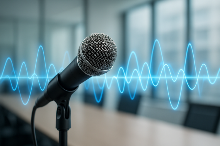 Close-up of a microphone with sound wave graphics in an office setting.