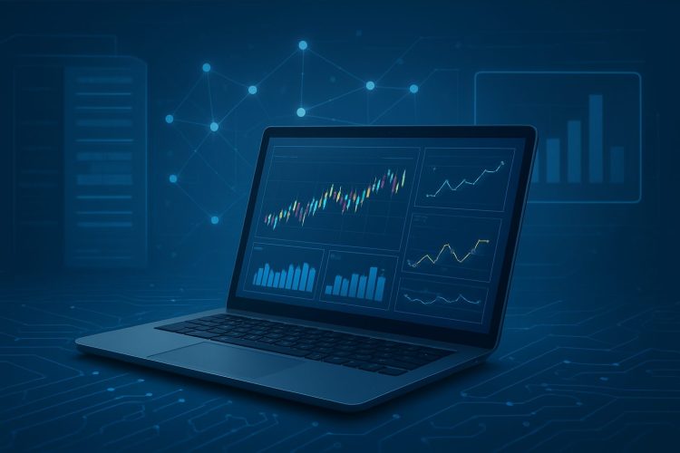 A laptop displaying various financial charts and graphs against a blue background