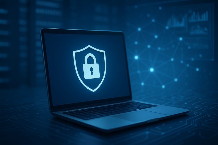 A laptop displaying a shield with a lock symbol, representing online security and privacy.